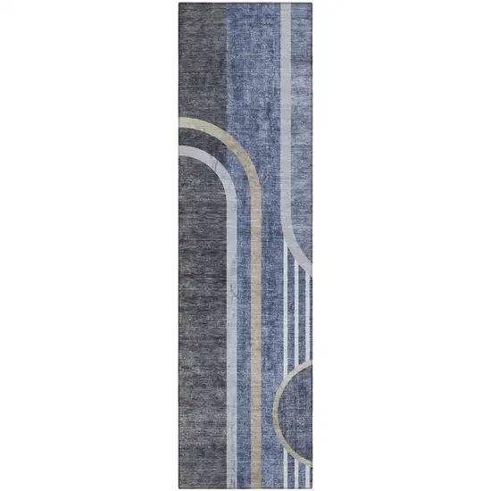 Blue and Black Abstract Washable Indoor Outdoor Runner Rug Photo 2