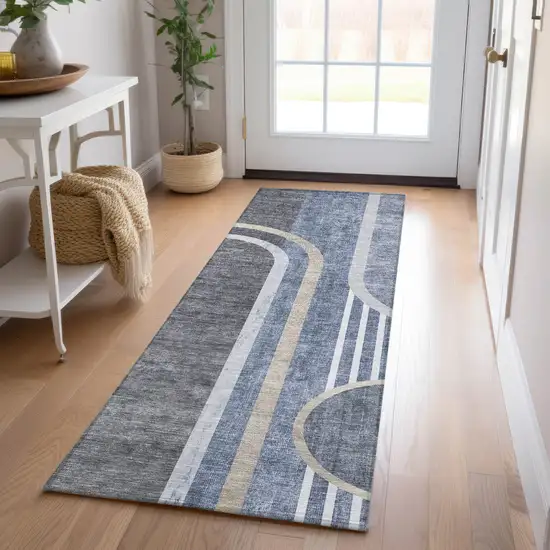 8' Runner Blue and Black Abstract Washable Non Skid Indoor Outdoor Runner Rug Photo 7