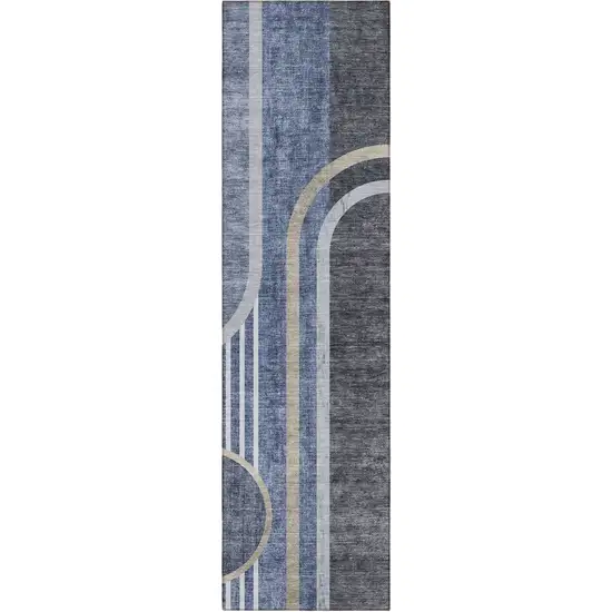 8' Runner Blue and Black Abstract Washable Non Skid Indoor Outdoor Runner Rug Photo 3