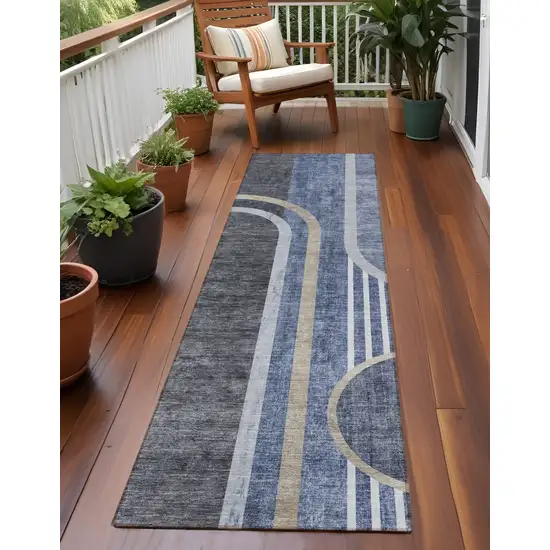 Blue and Black Abstract Washable Indoor Outdoor Runner Rug Photo 1