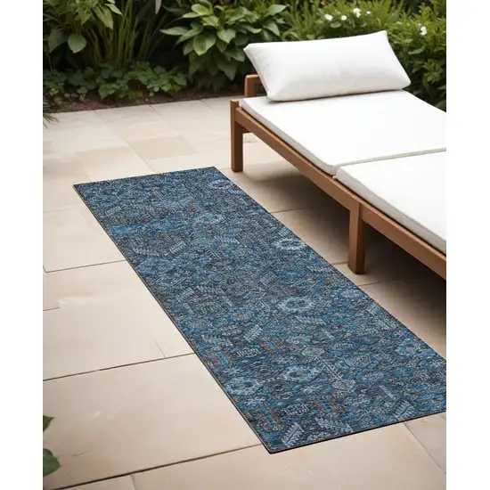 Blue and Black Floral Washable Non Skid Indoor Outdoor Runner Rug Photo 1