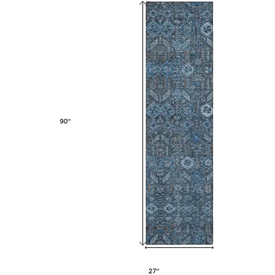 Blue and Black Floral Washable Non Skid Indoor Outdoor Runner Rug Photo 3