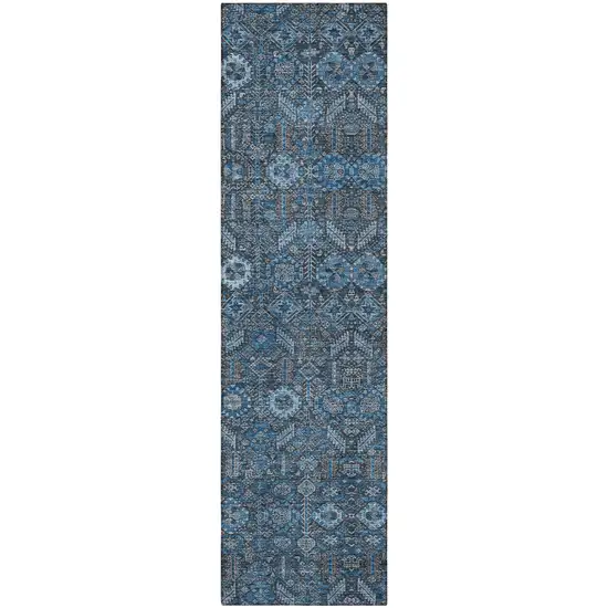 Blue and Black Floral Washable Non Skid Indoor Outdoor Runner Rug Photo 5