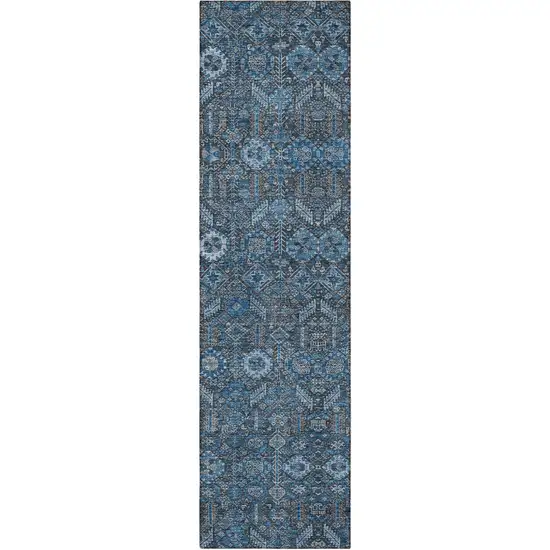 8' Runner Blue and Black Floral Washable Non Skid Indoor Outdoor Runner Rug Photo 4