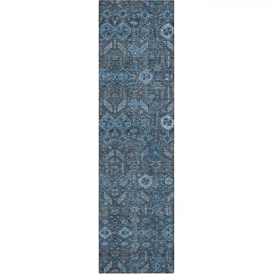 8' Runner Blue and Black Floral Washable Non Skid Indoor Outdoor Runner Rug Photo 2