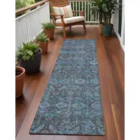 Photo of 8' Runner Blue and Coffee Floral Washable Non Skid Indoor Outdoor Runner Rug