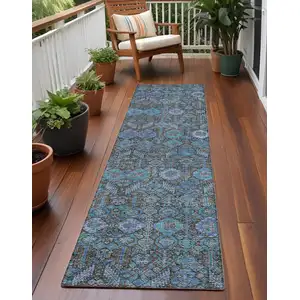 Photo of 8' Runner Blue and Coffee Floral Washable Non Skid Indoor Outdoor Runner Rug