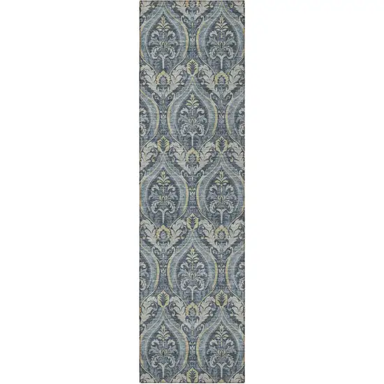 8' Runner Blue and Cream Damask Washable Non Skid Indoor Outdoor Runner Rug Photo 4