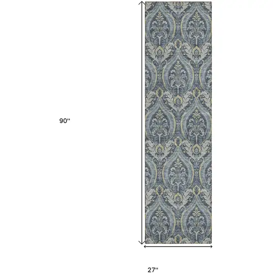 8' Runner Blue and Cream Damask Washable Non Skid Indoor Outdoor Runner Rug Photo 3