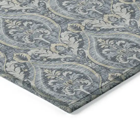 Blue and Cream Damask Washable Non Skid Indoor Outdoor Runner Rug Photo 7