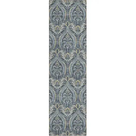 8' Runner Blue and Cream Damask Washable Non Skid Indoor Outdoor Runner Rug Photo 2