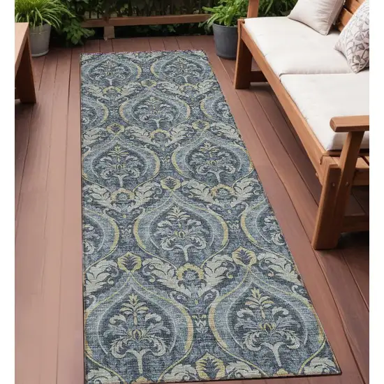 8' Runner Blue and Cream Damask Washable Non Skid Indoor Outdoor Runner Rug Photo 1