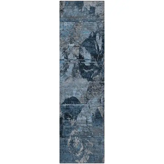 Blue and Dark Blue Abstract Washable Indoor Outdoor Runner Rug Photo 2