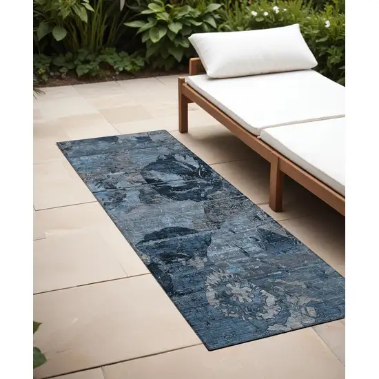 Blue and Dark Blue Abstract Washable Indoor Outdoor Runner Rug Photo 1