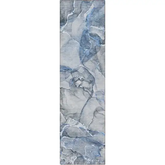 Blue and Gray Abstract Washable Non Skid Indoor Outdoor Runner Rug Photo 6