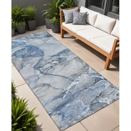 8' Runner Blue and Gray Abstract Washable Non Skid Indoor Outdoor Runner Rug Photo 1