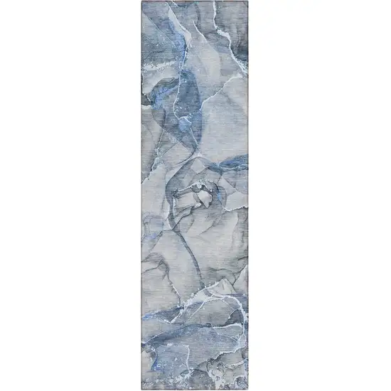 Blue and Gray Abstract Washable Non Skid Indoor Outdoor Runner Rug Photo 2