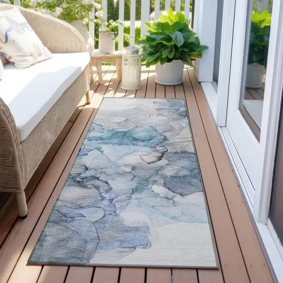 8' Runner Blue and Gray Abstract Washable Non Skid Indoor Outdoor Runner Rug Photo 8