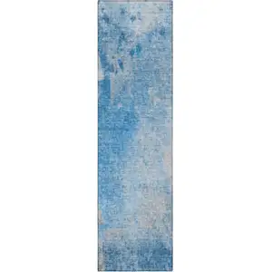 Photo of 8' Runner Blue and Gray Abstract Washable Non Skid Indoor Outdoor Runner Rug