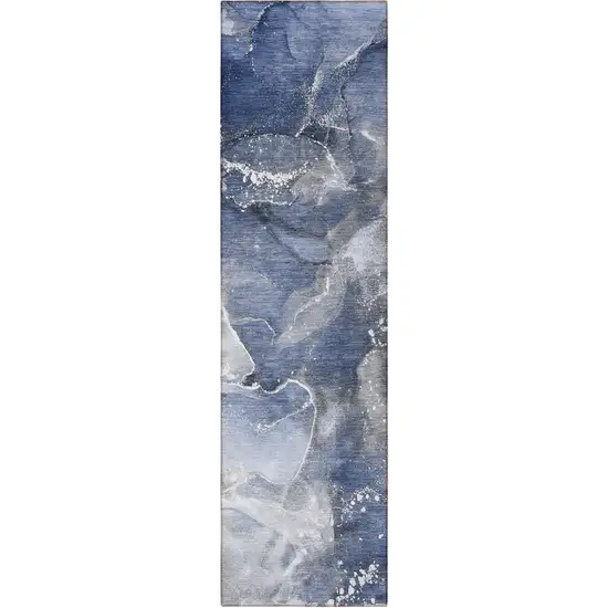 8' Runner Blue and Gray Abstract Washable Non Skid Indoor Outdoor Runner Rug Photo 5