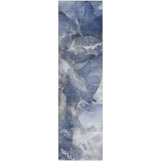 Blue and Gray Abstract Washable Non Skid Indoor Outdoor Runner Rug Photo 2