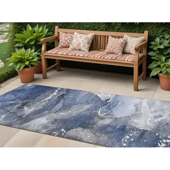 8' Runner Blue and Gray Abstract Washable Non Skid Indoor Outdoor Runner Rug Photo 1