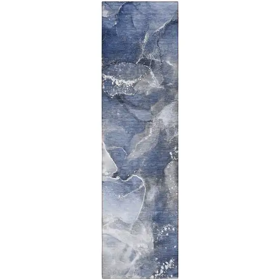 Blue and Gray Abstract Washable Non Skid Indoor Outdoor Runner Rug Photo 4