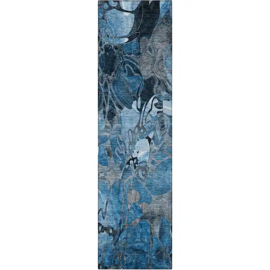 8' Runner Blue and Gray Floral Washable Non Skid Indoor Outdoor Runner Rug Photo 2