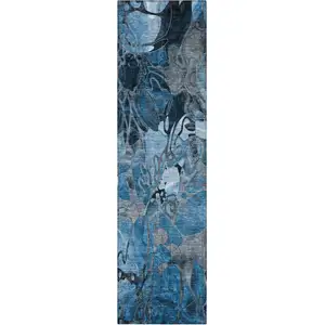 Photo of 8' Runner Blue and Gray Floral Washable Non Skid Indoor Outdoor Runner Rug