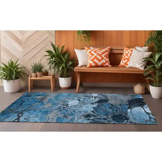 Blue and Gray Abstract Washable Indoor Outdoor Runner Rug Photo 1