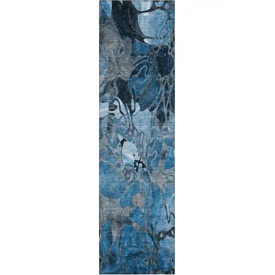 8' Runner Blue and Gray Abstract Washable Indoor Outdoor Runner Rug Photo 1