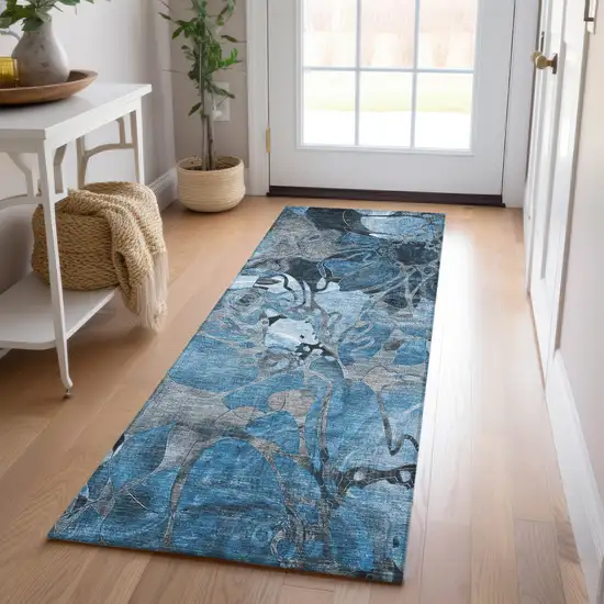 Blue and Gray Abstract Washable Indoor Outdoor Runner Rug Photo 8