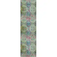 Photo of 8' Runner Blue and Green Floral Medallion Washable Non Skid Indoor Outdoor Runner Rug