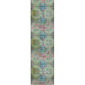 Photo of 8' Runner Blue and Green Floral Medallion Washable Non Skid Indoor Outdoor Runner Rug