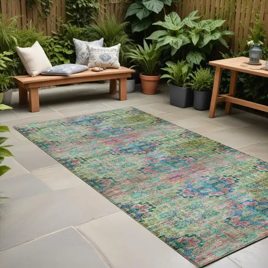 Blue and Green Floral Medallion Washable Non Skid Indoor Outdoor Runner Rug Photo 1