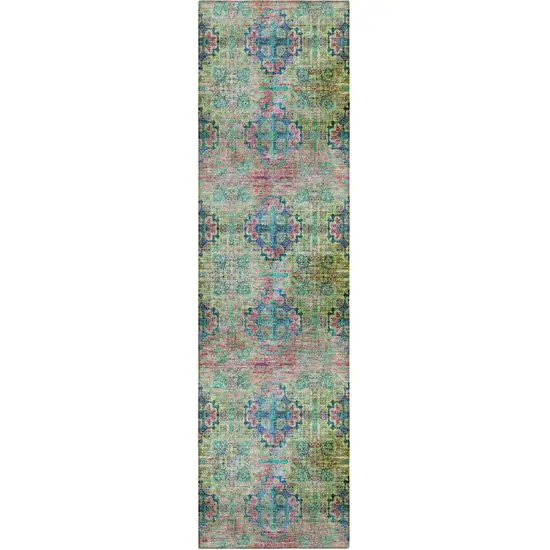 8' Runner Blue and Green Floral Medallion Washable Non Skid Indoor Outdoor Runner Rug Photo 1