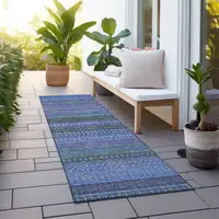 Photo of 8' Runner Blue and Green Striped Washable Non Skid Indoor Outdoor Runner Rug