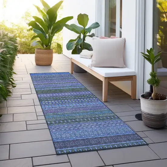 8' Runner Blue and Green Striped Washable Non Skid Indoor Outdoor Runner Rug Photo 6