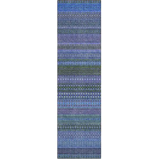 8' Runner Blue and Green Striped Washable Non Skid Indoor Outdoor Runner Rug Photo 1