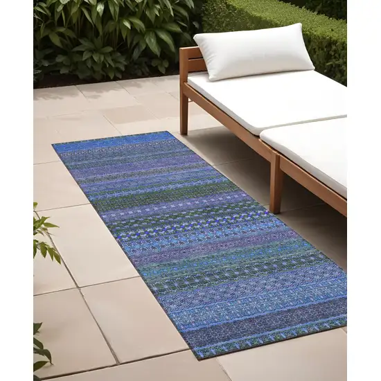 Blue and Green Striped Washable Indoor Outdoor Runner Rug Photo 1