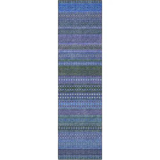 8' Runner Blue and Green Striped Washable Non Skid Indoor Outdoor Runner Rug Photo 3