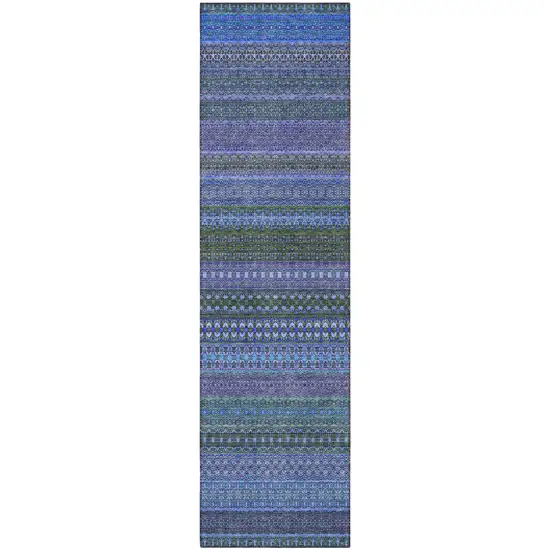 Blue and Green Striped Washable Indoor Outdoor Runner Rug Photo 4