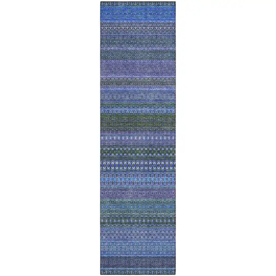 Blue and Green Striped Washable Indoor Outdoor Runner Rug Photo 2