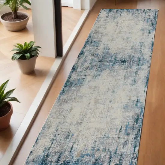 6' Runner Blue and Ivory Abstract Runner Rug Photo 1