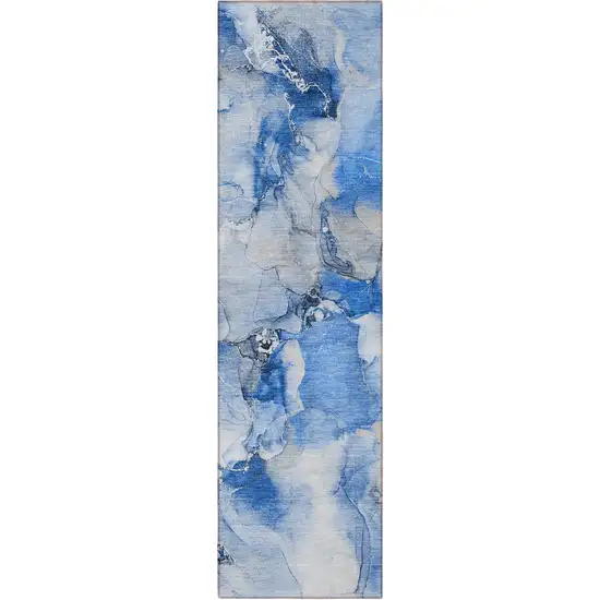 8' Runner Blue and Ivory Abstract Washable Non Skid Indoor Outdoor Runner Rug Photo 2