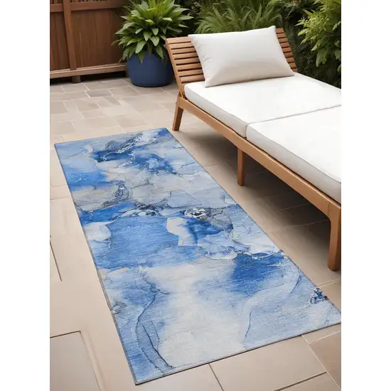 Navy Blue Abstract Washable Indoor Outdoor Runner Rug Photo 1