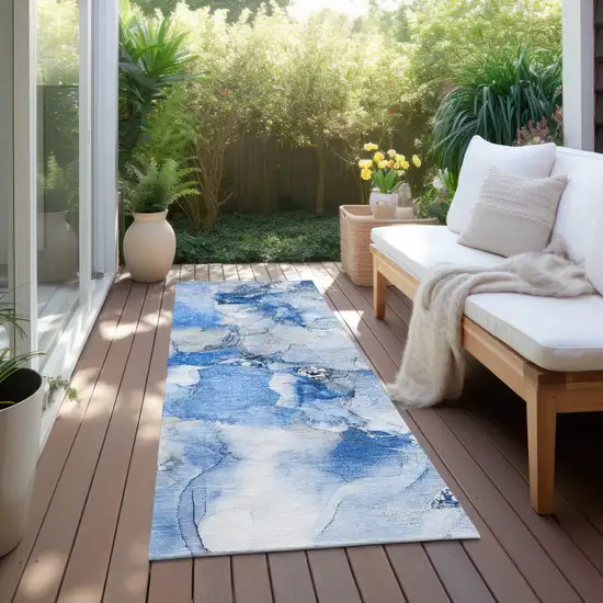 8' Runner Blue and Ivory Abstract Washable Non Skid Indoor Outdoor Runner Rug Photo 6