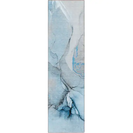 8' Runner Blue and Ivory Abstract Washable Non Skid Indoor Outdoor Runner Rug Photo 2