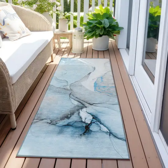 Blue and Ivory Abstract Washable Non Skid Indoor Outdoor Runner Rug Photo 8