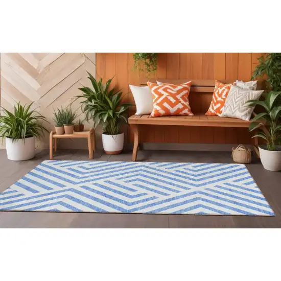 Blue and Ivory Geometric Washable Non Skid Indoor Outdoor Runner Rug Photo 1